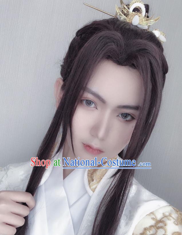 Handmade China Traditional Jin Dynasty Childe Hairpieces Ancient Swordsman Headdress Cosplay Young Knight Brown Wigs