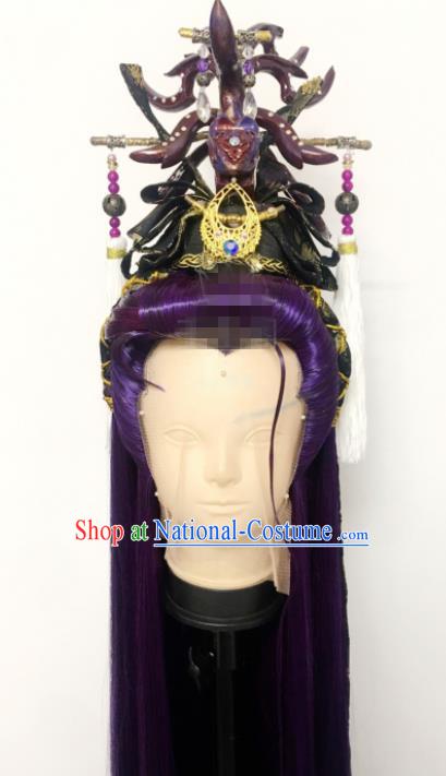 Handmade China Ancient Swordsman Headdress Cosplay Royal Prince Purple Wigs and Hair Crown Traditional Puppet Show King Hairpieces