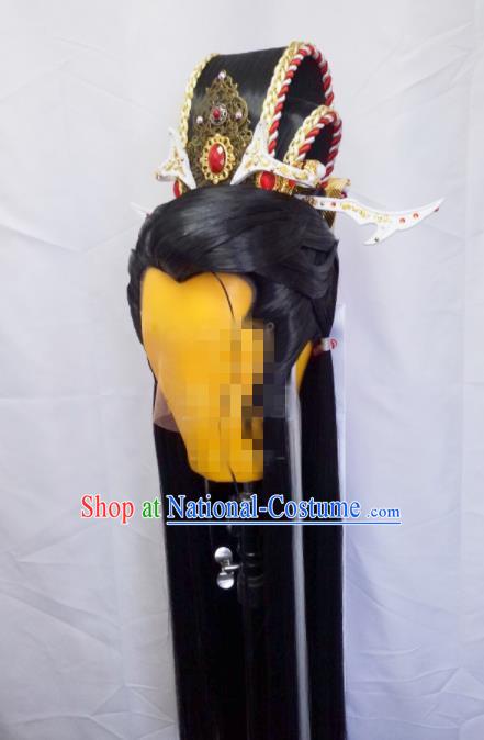 Handmade China Traditional Puppet Show Mo Lisao Hairpieces Ancient Swordsman Headdress Cosplay Royal Prince Black Wigs and Hair Crown