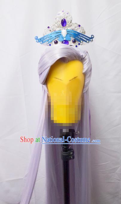 Handmade China Cosplay Taoist Priest Lilac Wigs and Hair Crown Traditional Puppet Show Murong Ning Hairpieces Ancient Swordsman Headdress