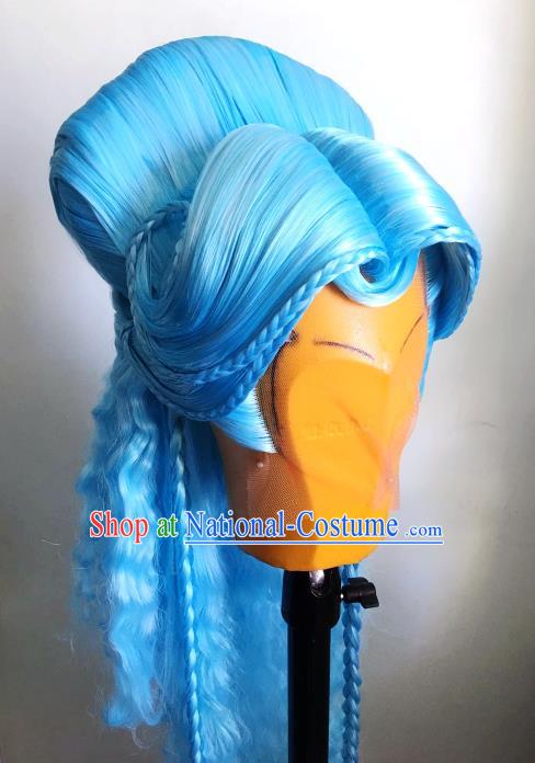 Chinese Traditional Puppet Show Princess Binglou Hairpieces Cosplay Fairy Hair Accessories Ancient Goddess Blue Wigs Headwear