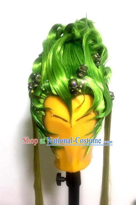 Handmade China Cosplay Demon Prince Green Wigs Traditional Puppet Show Young Knight Hairpieces Ancient Swordsman Headdress