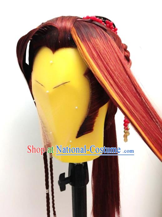 Handmade China Ancient Swordsman Headdress Cosplay Demon Prince Red Wigs Traditional Puppet Show Young Knight Hairpieces