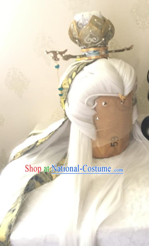 Handmade China Ancient Taoist Headdress Cosplay Swordsman White Wigs and Lotus Hair Crown Traditional Puppet Show Hairpieces