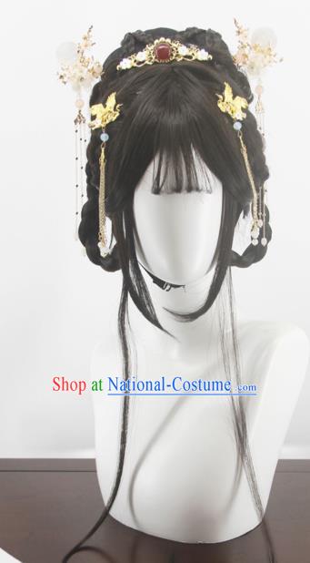 Chinese Traditional Hanfu Tang Dynasty Hairpieces Cosplay Young Lady Hair Accessories Ancient Princess Bangs Wigs Headwear