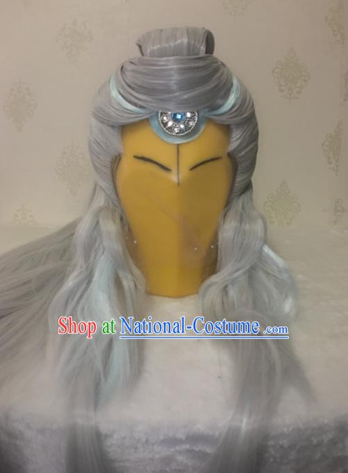 Handmade China Traditional Puppet Show Hairpieces Ancient Taoist Headdress Cosplay Swordsman Grey Wigs