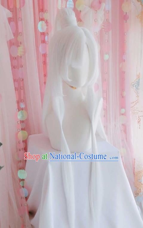 Handmade China Ancient Taoist Priest Headdress Cosplay Swordsman White Wigs Traditional Puppet Show Yu Yinshuang Hairpieces