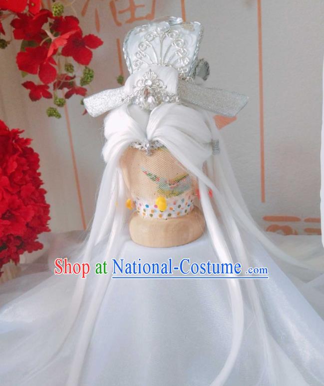 Handmade China Traditional Puppet Show Wen Naihe Hairpieces Ancient Taoist Priest Headdress Cosplay Swordsman White Wigs and Hair Crown