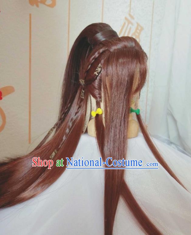 Handmade China Traditional Puppet Show Qi Hanyu Hairpieces Ancient Childe Headdress Cosplay Swordsman Brown Wigs