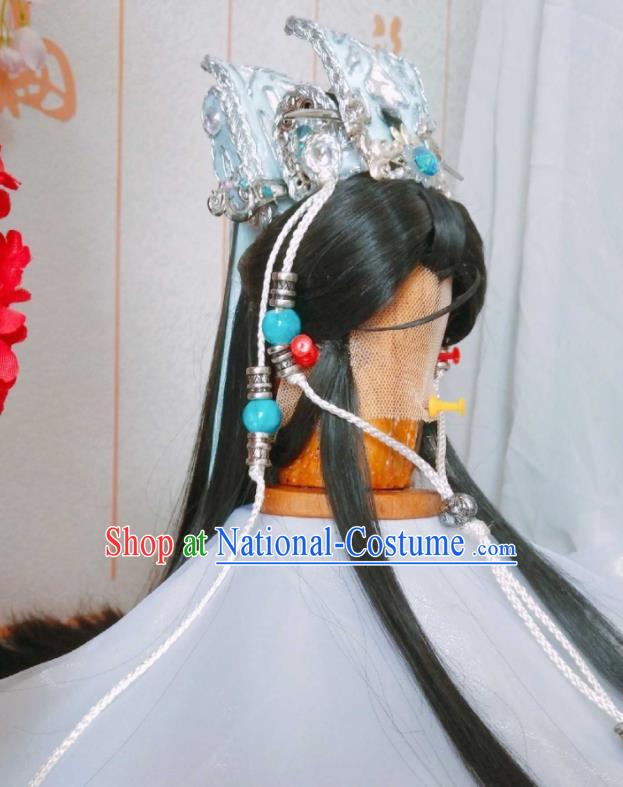 Handmade China Cosplay Swordsman Black Wigs and Hair Crown Traditional Puppet Show Yu Xiaoyao Hairpieces Ancient Noble Prince Headdress