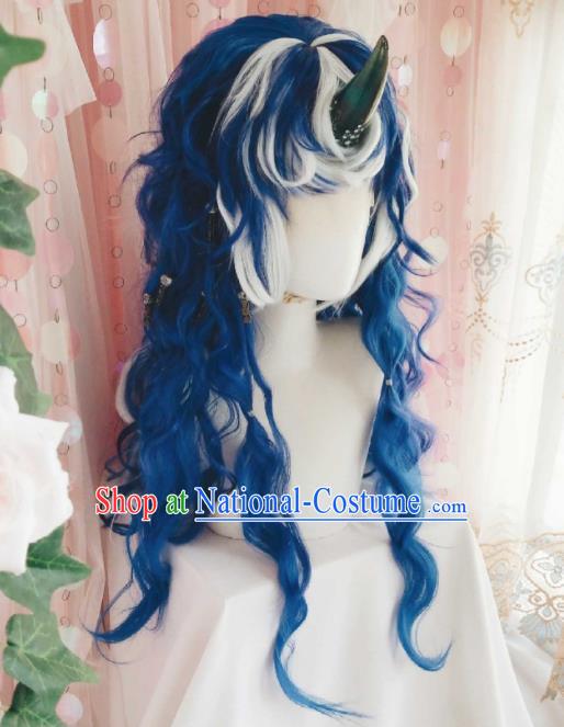 Handmade China Traditional Puppet Show Hairpieces Ancient Swordsman Headdress Cosplay Dragon Prince Blue Wigs