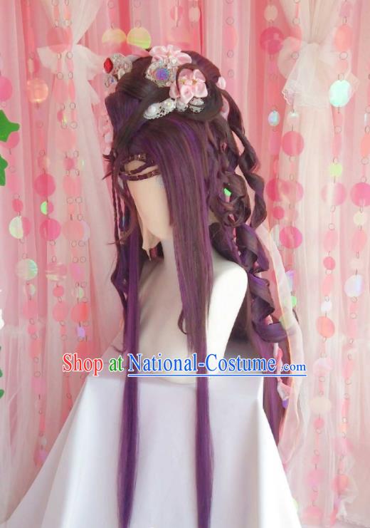 Chinese Ancient Queen Purple Wigs Headwear Traditional Puppet Show Goddess Hairpieces Cosplay Swordswoman Hair Accessories