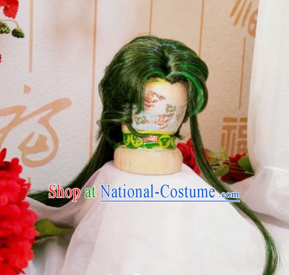 Handmade China Ancient Young Swordsman Headdress Cosplay Demon Prince Green Wigs Traditional Puppet Show Knight Mo Luo Hairpieces