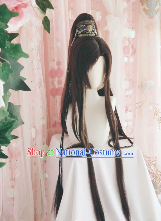 Handmade China Ancient Swordsman Headdress Cosplay Noble Childe Brown Wigs and Hair Crown Traditional Puppet Show Feng Xiaoyao Hairpieces