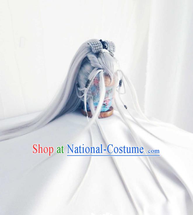 Handmade China Ancient Swordsman Headdress Cosplay Taoist Priest Grey Wigs Traditional Puppet Show Chivalrous Male Hairpieces