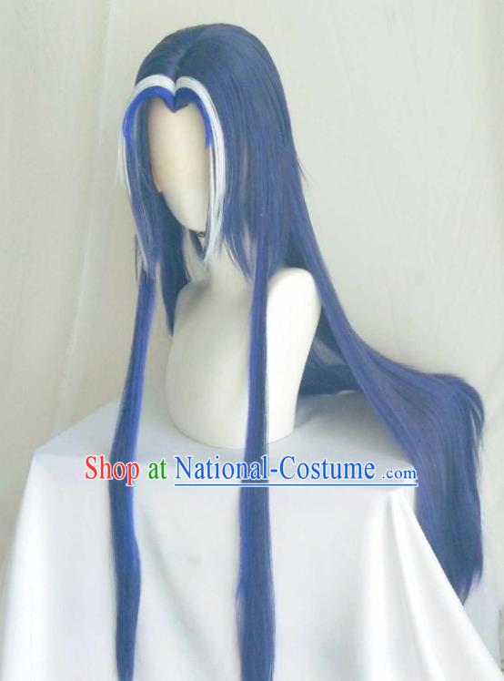 Handmade China Ancient Chivalrous Male Headdress Cosplay Swordsman Blue Wigs Traditional Puppet Show Jian Wuji Hairpieces