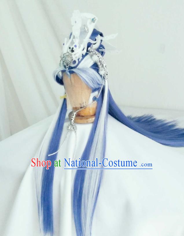 Handmade China Cosplay Swordsman Blue Wigs and Hair Crown Traditional Puppet Show Monarch Hairpieces Ancient Royal King Headdress