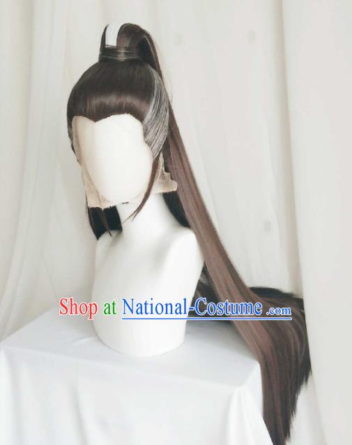 Handmade China Cosplay Taoist Priest Brown Wigs Traditional Puppet Show Chivalrous Male Hairpieces Ancient Swordsman Ponytsil Headdress