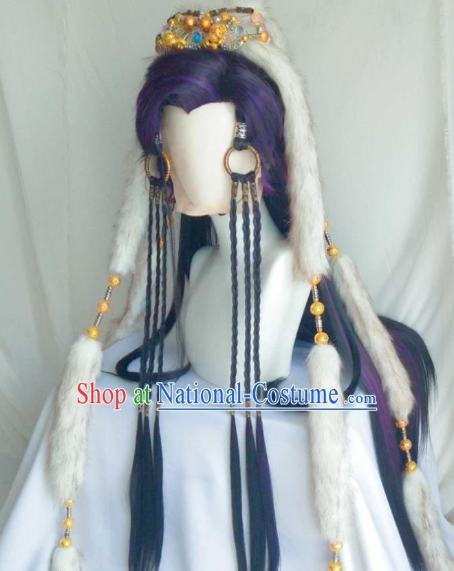 Handmade China Ancient Royal King Headdress Cosplay Swordsman Purple Wigs Traditional Puppet Show Prince Hairpieces