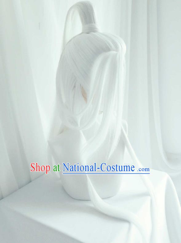 Handmade China Ancient Immortal Headdress Cosplay Taoist Priest White Wigs Traditional Puppet Show Swordsman Hairpieces