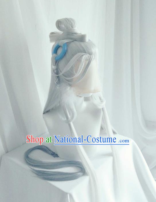 Handmade China Traditional Puppet Show Swordsman Hairpieces Ancient Immortal Headdress Cosplay Taoist Priest Grey Wigs