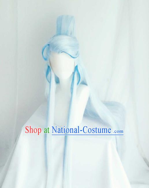 Handmade China Ancient Royal Prince Headdress Cosplay Noble Childe Light Blue Wigs and Hair Crown Traditional Puppet Show Taoist Priest Hairpieces