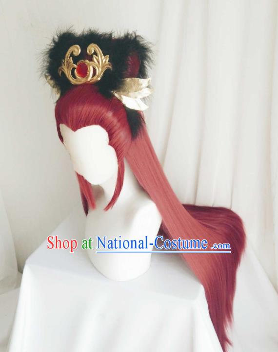 Handmade China Cosplay Childe Red Wigs and Hair Crown Traditional Puppet Show Gongsun Yue Hairpieces Ancient Royal Prince Headdress