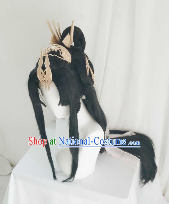 Chinese Traditional Fairy Princess Hairpieces Cosplay Swordswoman Hair Accessories Ancient Queen Black Wigs and Hair Crown Headwear