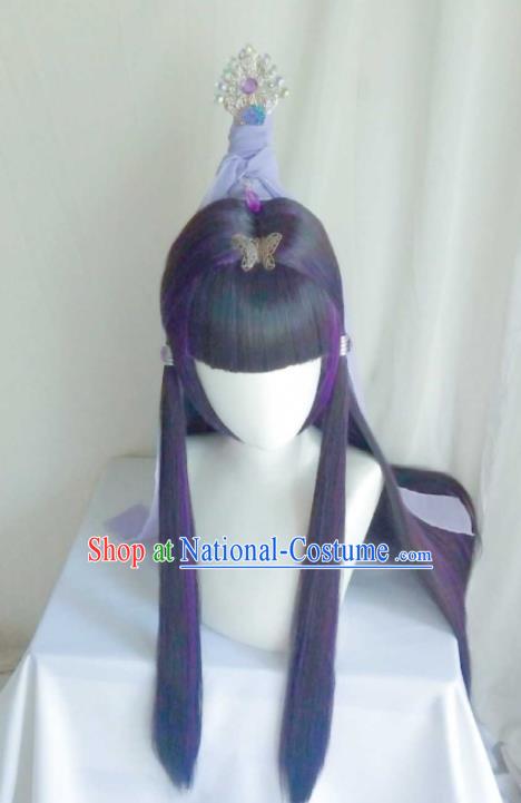 Chinese Cosplay Swordswoman Hair Accessories Ancient Fairy Purple Wigs Headwear Traditional Puppet Show Taoist Nun Feng Die Hairpieces