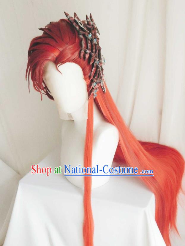 Handmade China Ancient Childe Headdress Cosplay Swordsman Red Wigs Traditional Puppet Show Demon Prince Hairpieces