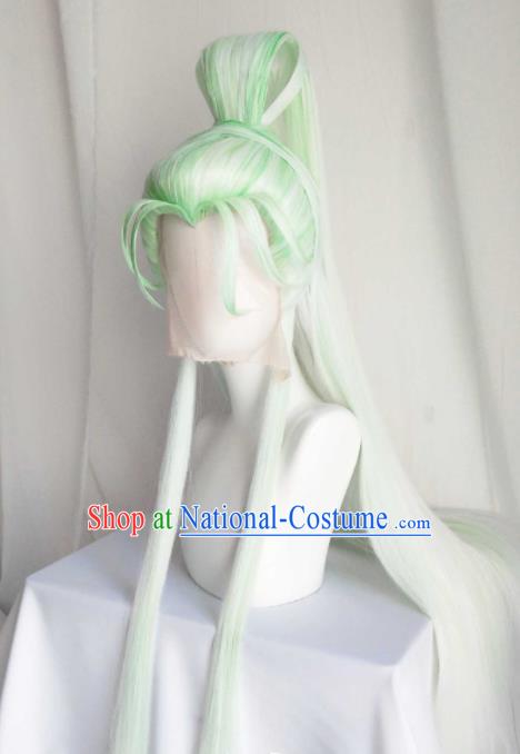 Handmade China Cosplay Swordsman Light Green Wigs Traditional Puppet Show Mo Cangli Hairpieces Ancient Taoist Headdress