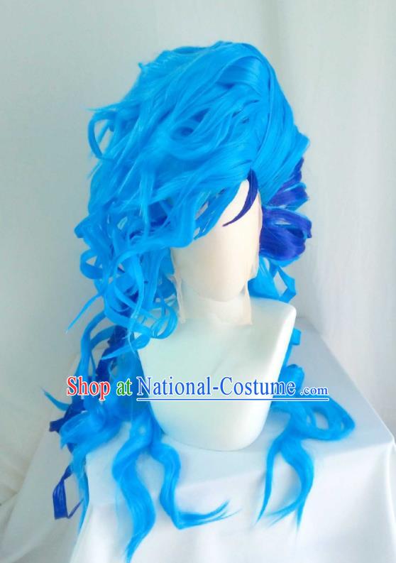 Handmade China Traditional Puppet Show Dragon Prince Hairpieces Ancient Childe Headdress Cosplay Swordsman Blue Curly Wigs