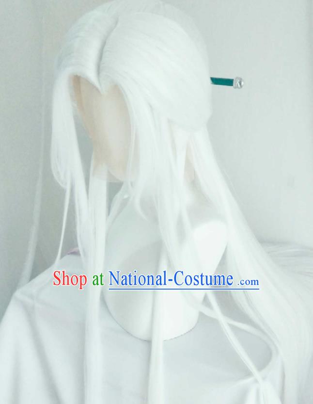 Handmade China Cosplay Swordsman White Wigs Traditional Puppet Show Su Huanzhen Hairpieces Ancient Taoist Priest Headdress