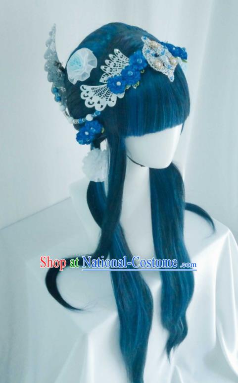 Chinese Ancient Goddess Blue Wigs Headwear Traditional Puppet Show Fairy Linglong Xuefei Hairpieces Cosplay Swordswoman Hair Accessories