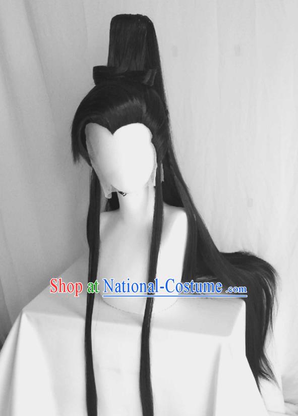 Handmade China Cosplay Swordsman Black Ponytsil Wigs Traditional Puppet Show Shi Yanwen Hairpieces Ancient Young Hero Headdress