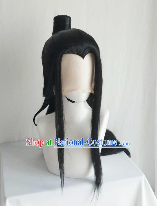 Handmade China Ancient Young Childe Headdress Cosplay Swordsman Black Wigs Traditional Puppet Show Scholar Hairpieces