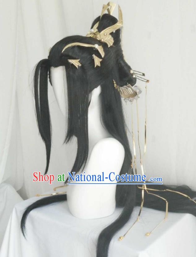 Chinese Ancient Empress Wigs Headwear Traditional Qin Dynasty Young Beauty Hairpieces Cosplay Princess Hair Accessories