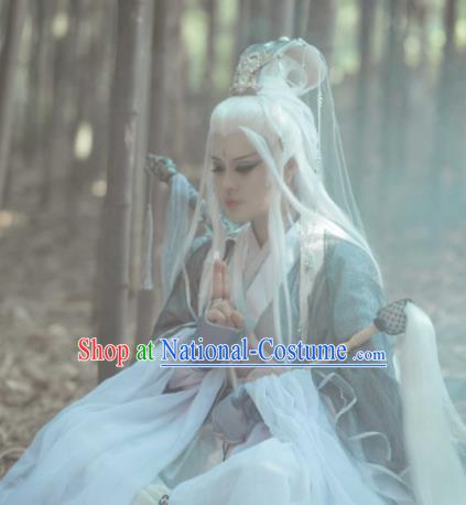 Handmade China Cosplay Swordsman White Wigs and Hair Crown Traditional Puppet Show Immortal Hairpieces Ancient Taoist Headdress