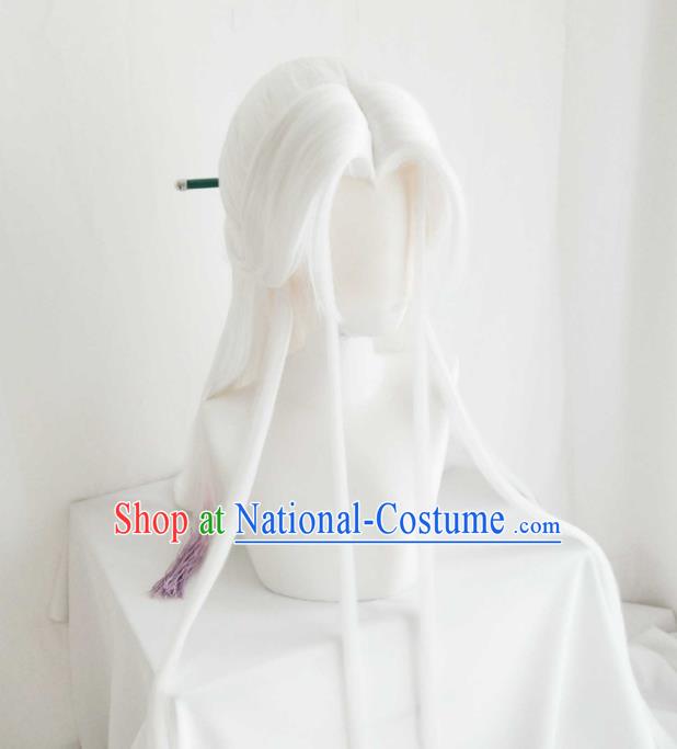 Handmade China Ancient Taoist Headdress Cosplay Swordsman White Wigs and Hair Crown Traditional Puppet Show Su Huanzhen Hairpieces