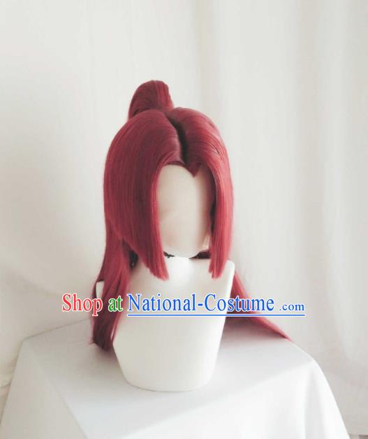 Handmade China Traditional Puppet Show Hero Hairpieces Ancient Young General Headdress Cosplay Swordsman Red Wigs