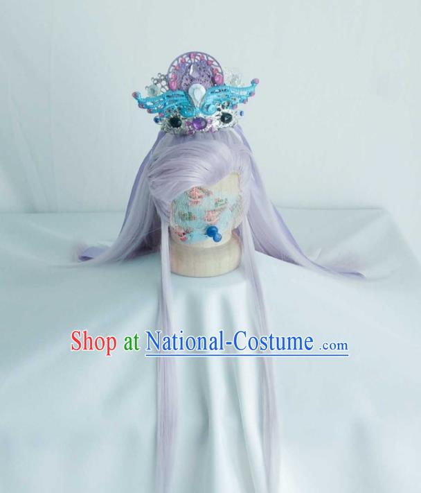 Handmade China Traditional Puppet Show Murong Ning Hairpieces Ancient Royal Prince Headdress Cosplay Noble Childe Violet Wigs and Hair Crown