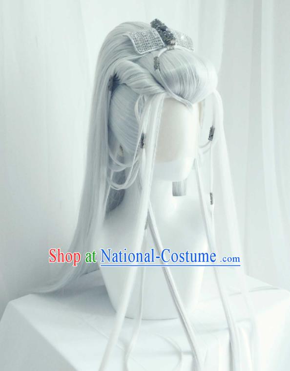 Handmade China Ancient Swordsman Headdress Cosplay Immortal Grey Wigs Traditional Puppet Show Taoist Priest Hairpieces