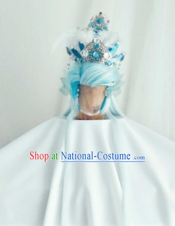 Handmade China Cosplay Taoist Priest Light Blue Wigs and Hair Crown Traditional Puppet Show Royal King Hairpieces Ancient Swordsman Headdress