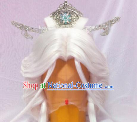 Handmade China Cosplay Immortal White Wigs and Hair Crown Traditional Puppet Show Su Huanzhen Hairpieces Ancient Taoist Priest Headdress