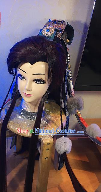 Handmade China Cosplay Swordsman Black Wigs and Hair Crown Traditional Puppet Show Young Hero Hairpieces Ancient Wolf King Headdress