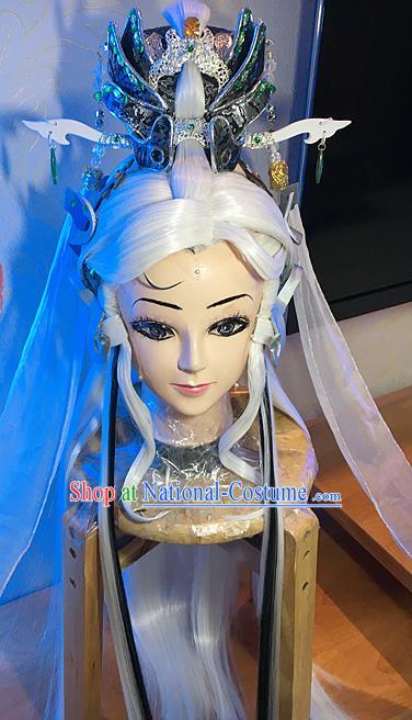 Handmade China Ancient Emperor Headdress Cosplay Swordsman White Wigs and Lotus Hair Crown Traditional Puppet Show Taoist Hairpieces