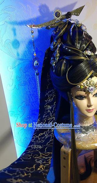 Handmade China Traditional Puppet Show Childe Hairpieces Ancient Prince Headdress Cosplay Swordsman Wigs and Hair Crown