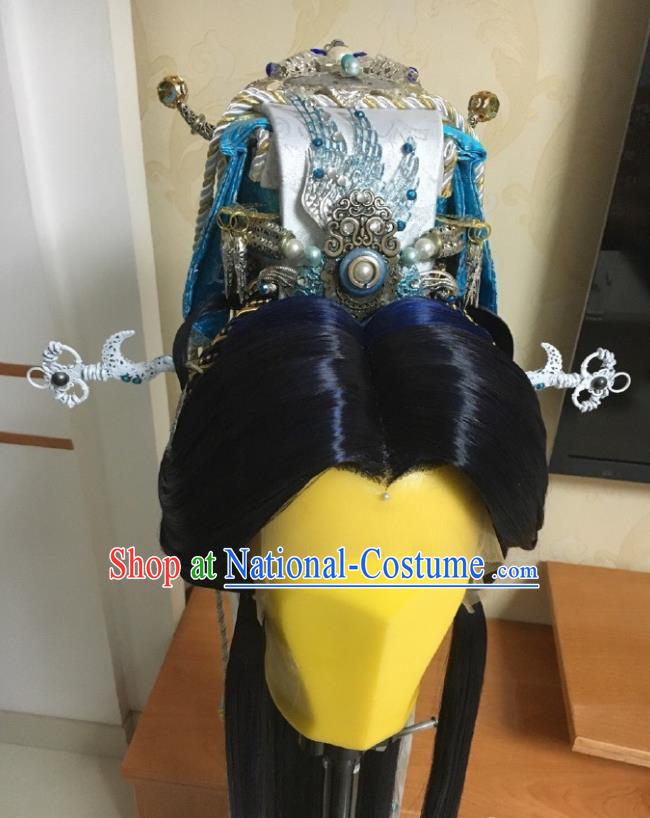 Handmade China Ancient Emperor Headdress Cosplay Royal King Wigs and Hair Crown Traditional Puppet Show Monarch Hairpieces