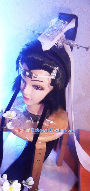 Handmade China Cosplay Royal King Wigs and Hair Crown Traditional Puppet Show Shi Yanwen Hairpieces Ancient Prince Headdress