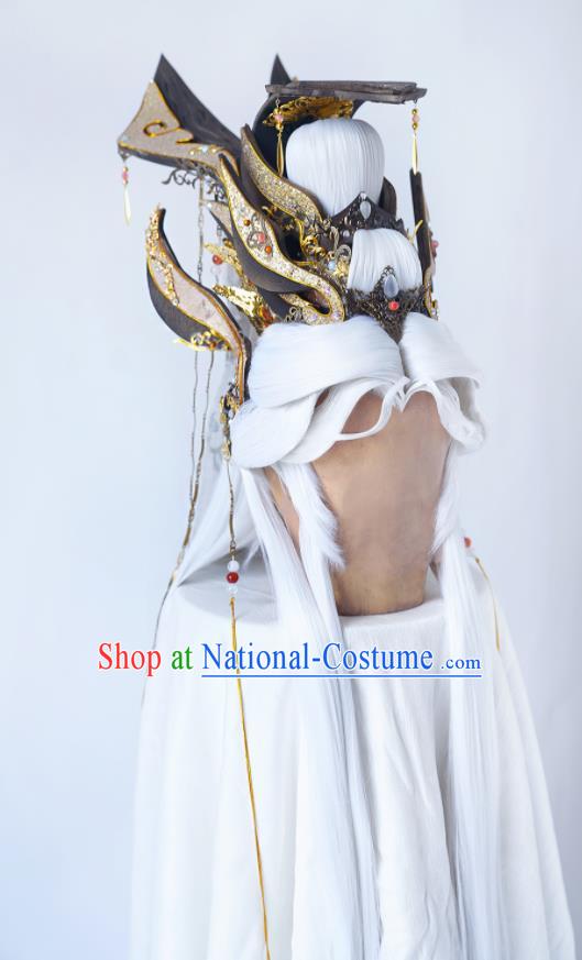 Handmade China Ancient Immortal Headdress Cosplay Swordsman White Wigs and Hair Crown Traditional Puppet Show Taoist Master Hairpieces